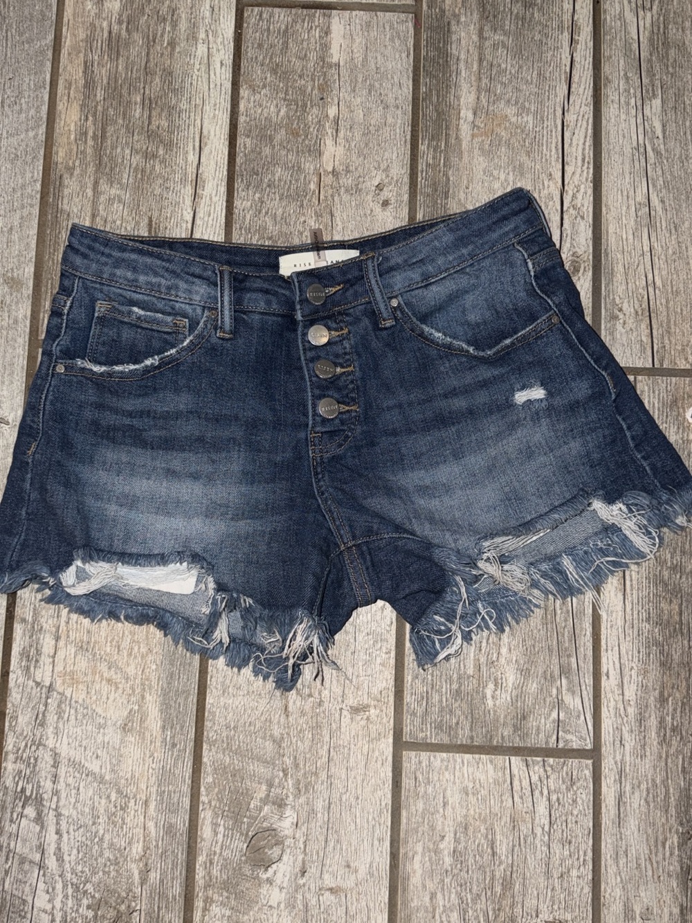 High-Rise Dark Indigo Distressed Denim Shorts with Button Fly worn once